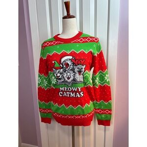 Mad Engine Meowy Catmas Ugly Christmas Sweater Red Green Cats Womens Medium